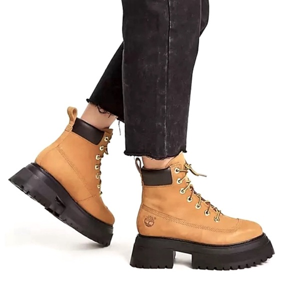Timberland Sky Boots  Size 7.5 Wheat Nubuck Leather 6” Lace Up Platform Boot NWT - Picture 1 of 16
